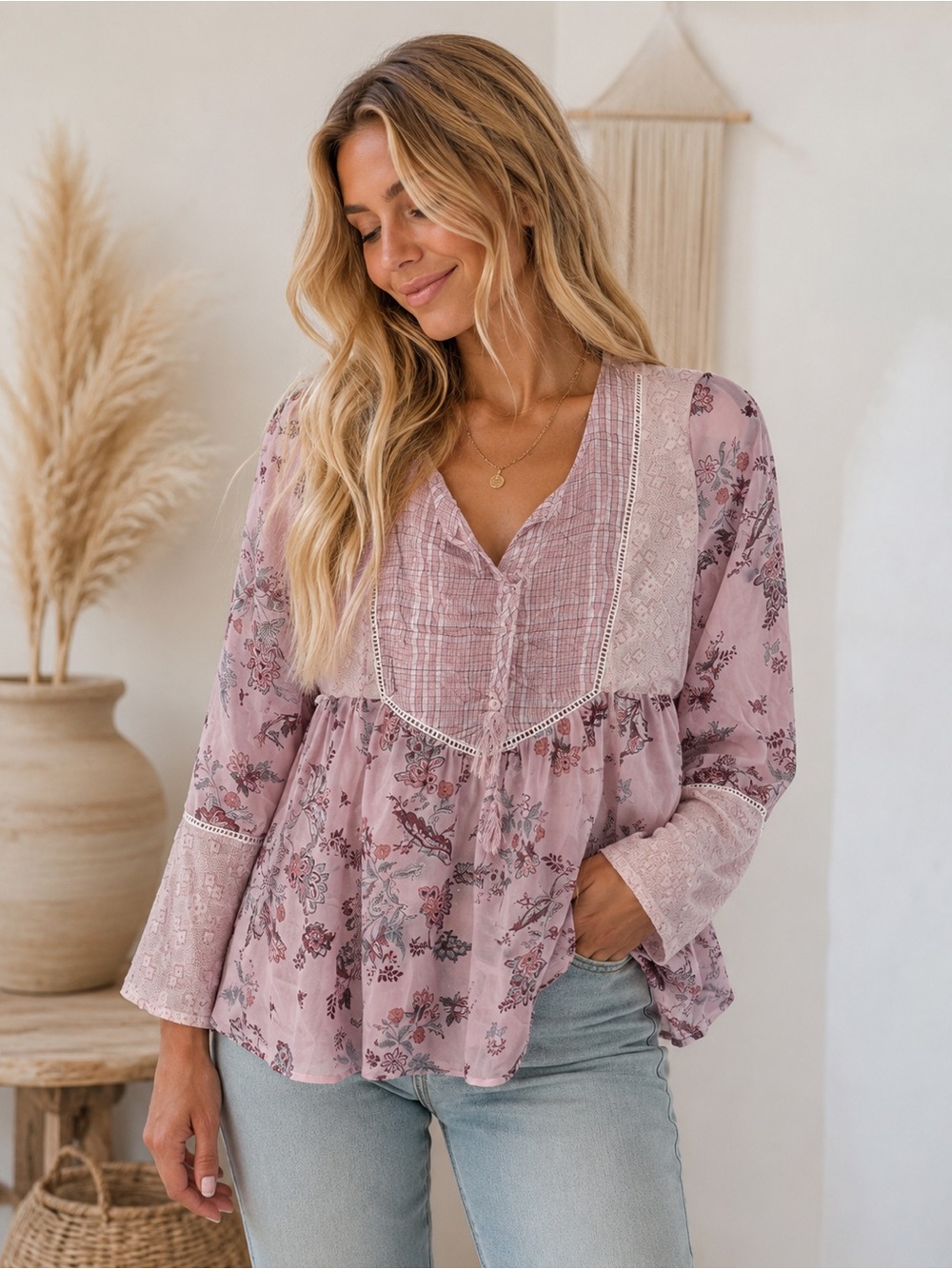 Mystree Dusty Rose Floral Lace-Trim Peasant Blouse Bohemian Aesthetic - Picture 1 of 5